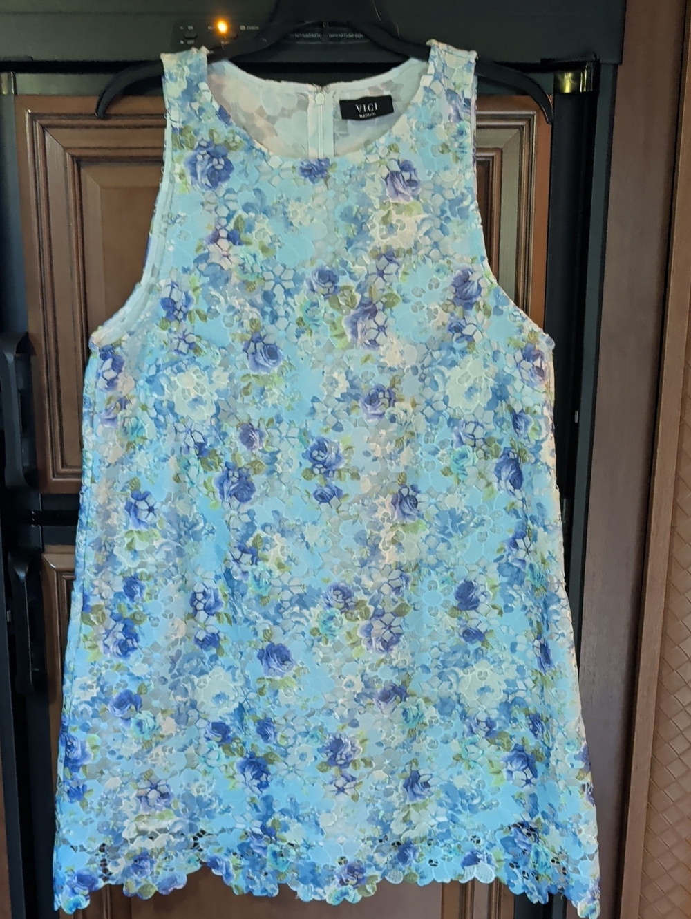 VICI Floral Lace A-Line Cotton Linen DressT - Light Blue